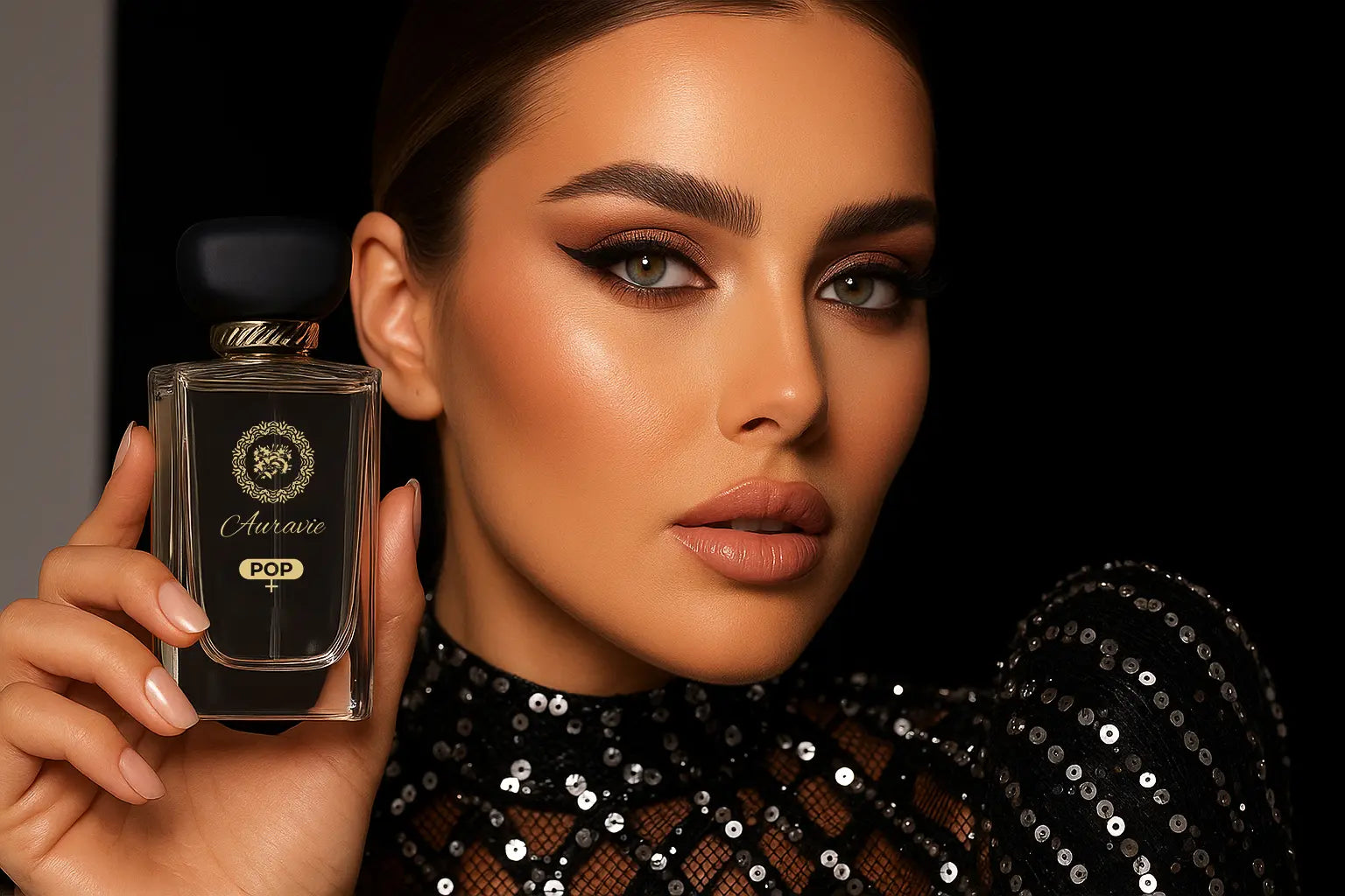 Woman holding a black perfume bottle with a gold label against a dark background